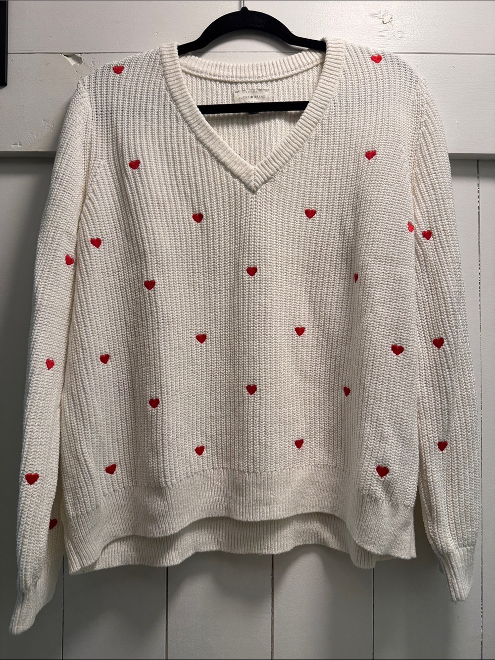 Lucky Brand XL Off White Cream V-Neck Shaker Sweater Red Hearts Love Valentines
